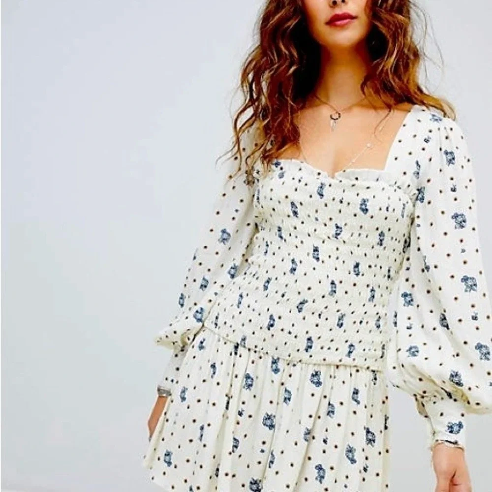 Free People‎ Two Faces Mini Dress XS White Floral Long Sleeve Boho Cottagecore